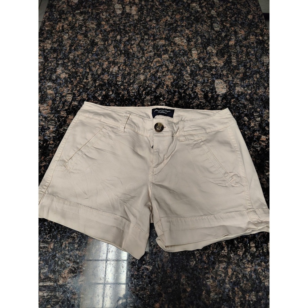 American Eagle Women Khaki Stretch Shorts Tan Low Rise Cuffed Size 0